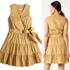 Nine West Tiered Wrap Dress, Khaki Sleeveless V-Neck Cotton Blend Size Large